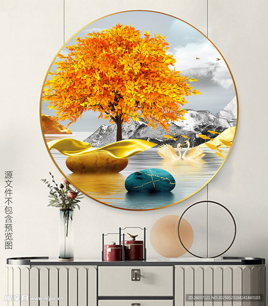 中式轻奢卧室麋鹿圆形装饰画