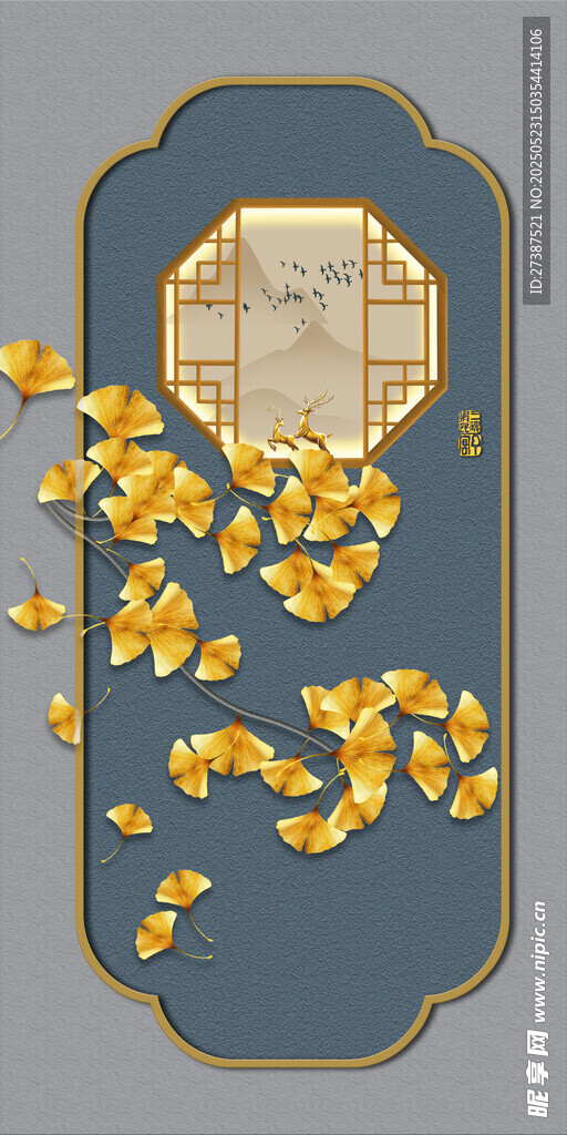 新中式玄关画银杏叶子植物花卉