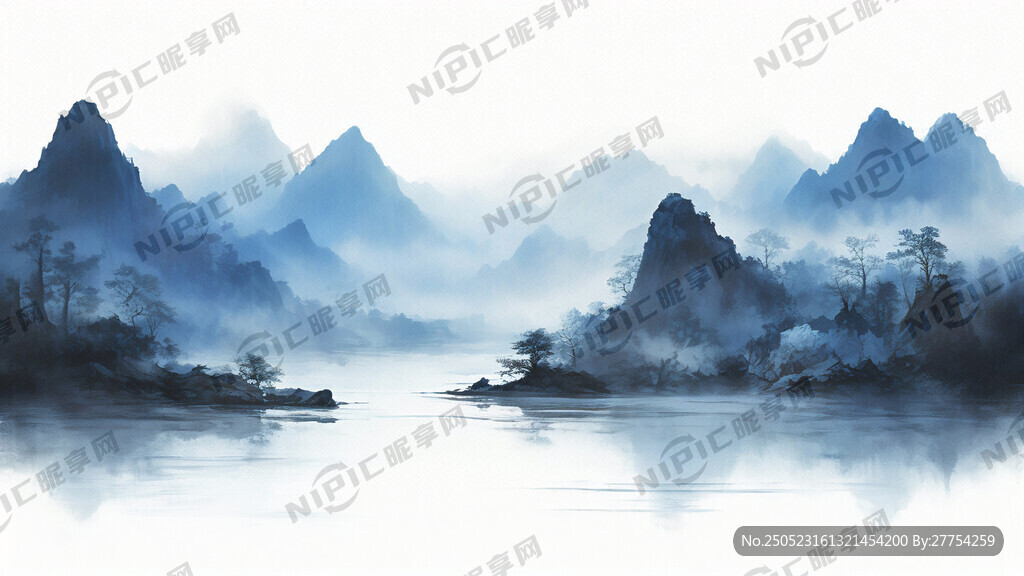 蓝色调的群山水墨画