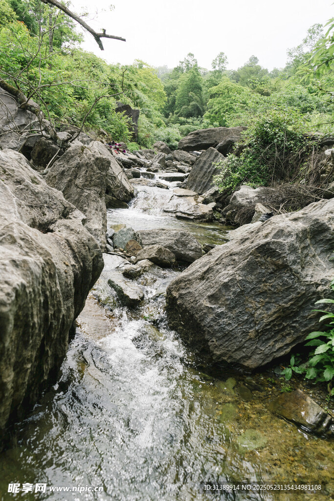 山间溪流穿岩石而过