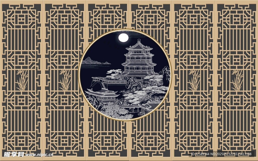 中式窗景下的月夜楼阁