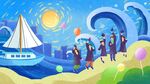 手绘风横版毕业晚会背景板插画