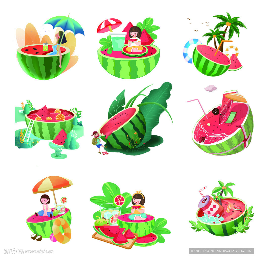 夏日西瓜主题趣味插画元素