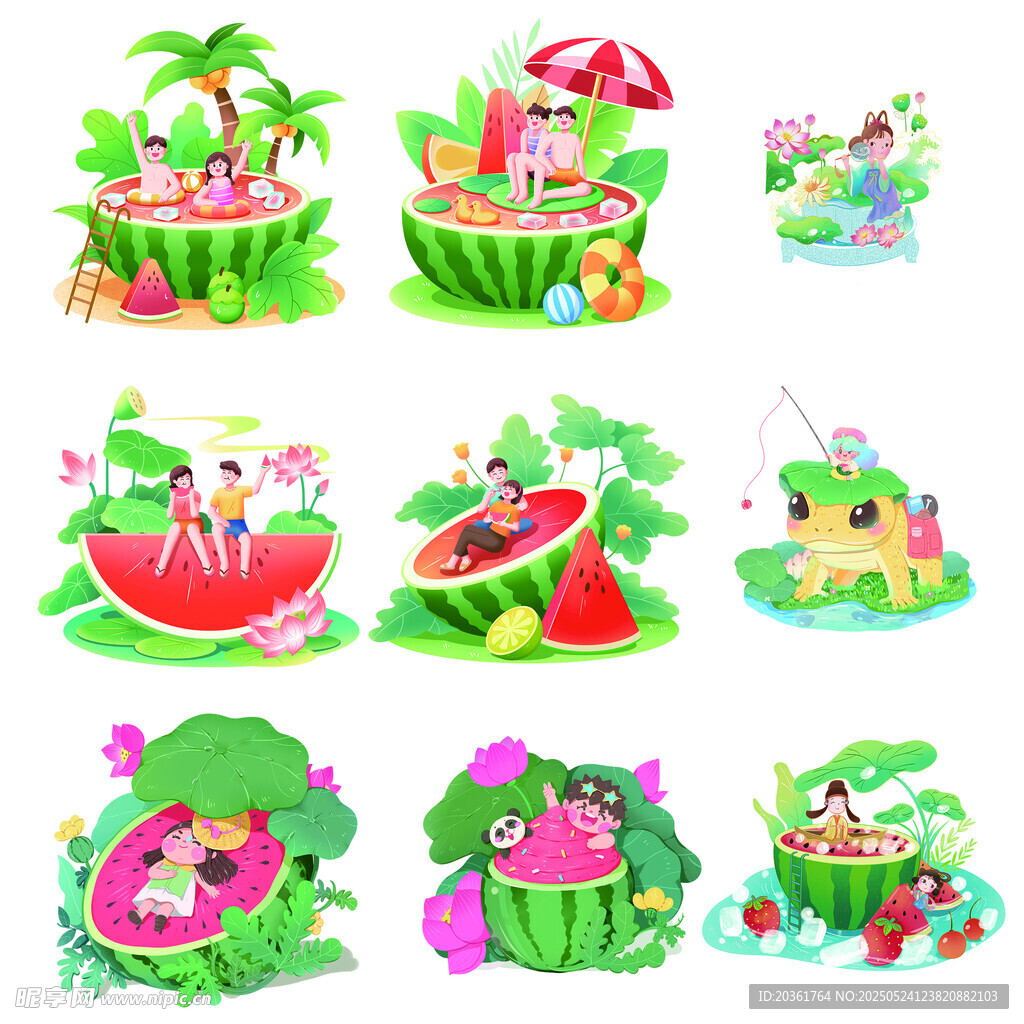 西瓜主题夏日场景插画