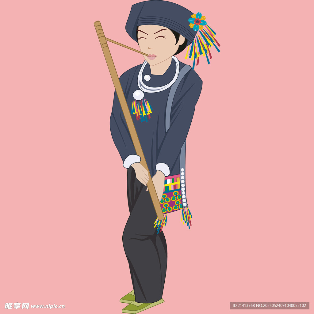 身着民族服饰的持杖人物