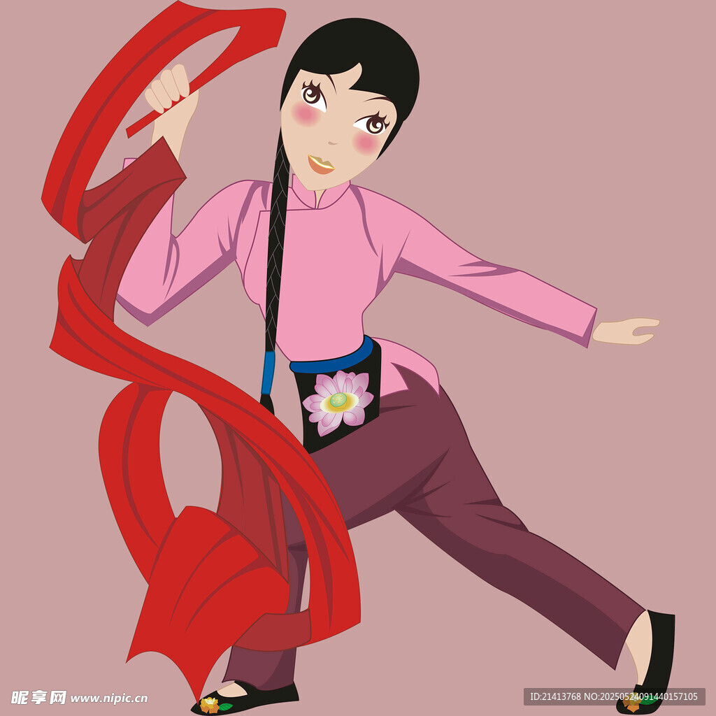 舞动红绸的传统服饰女子