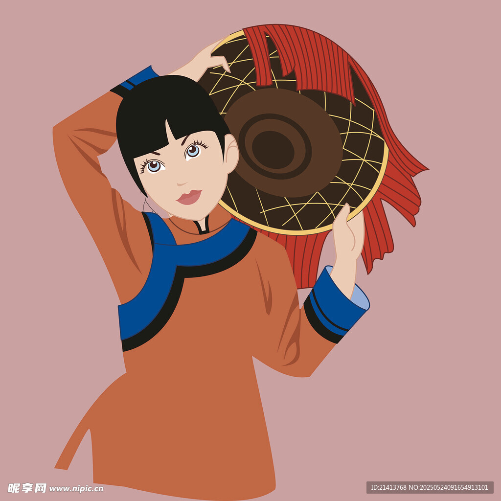 身着古装持扇的俏皮女孩