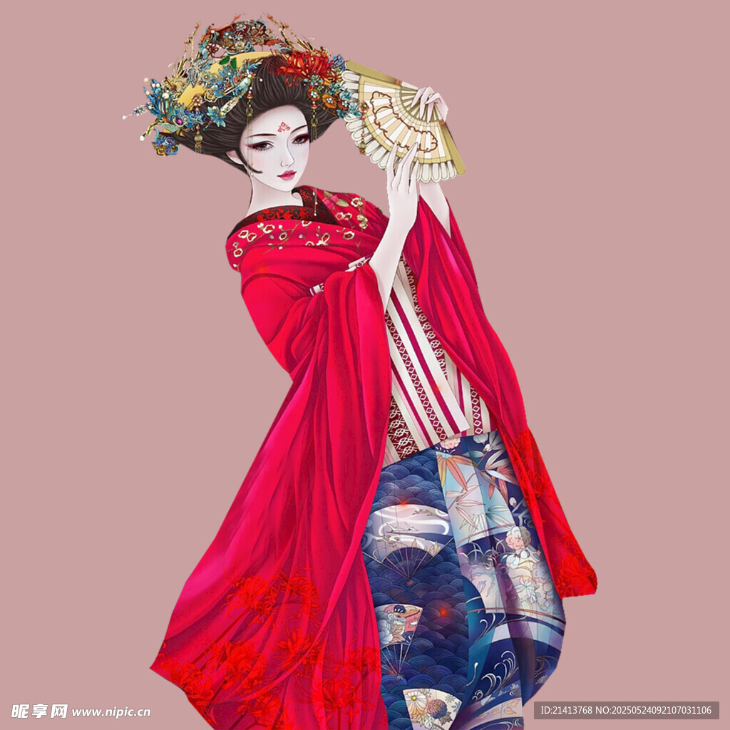 古风红衣女子持扇优雅图