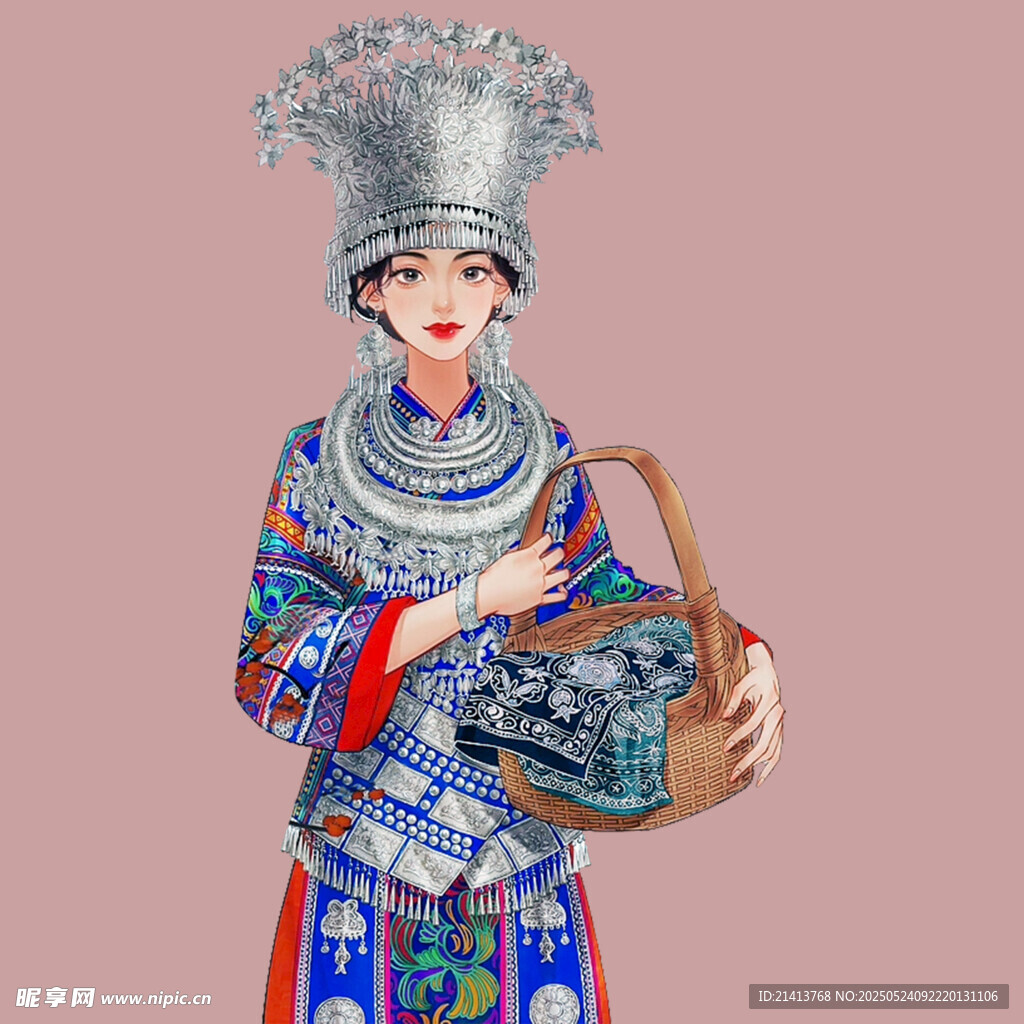 苗族女子持篮精美服饰图