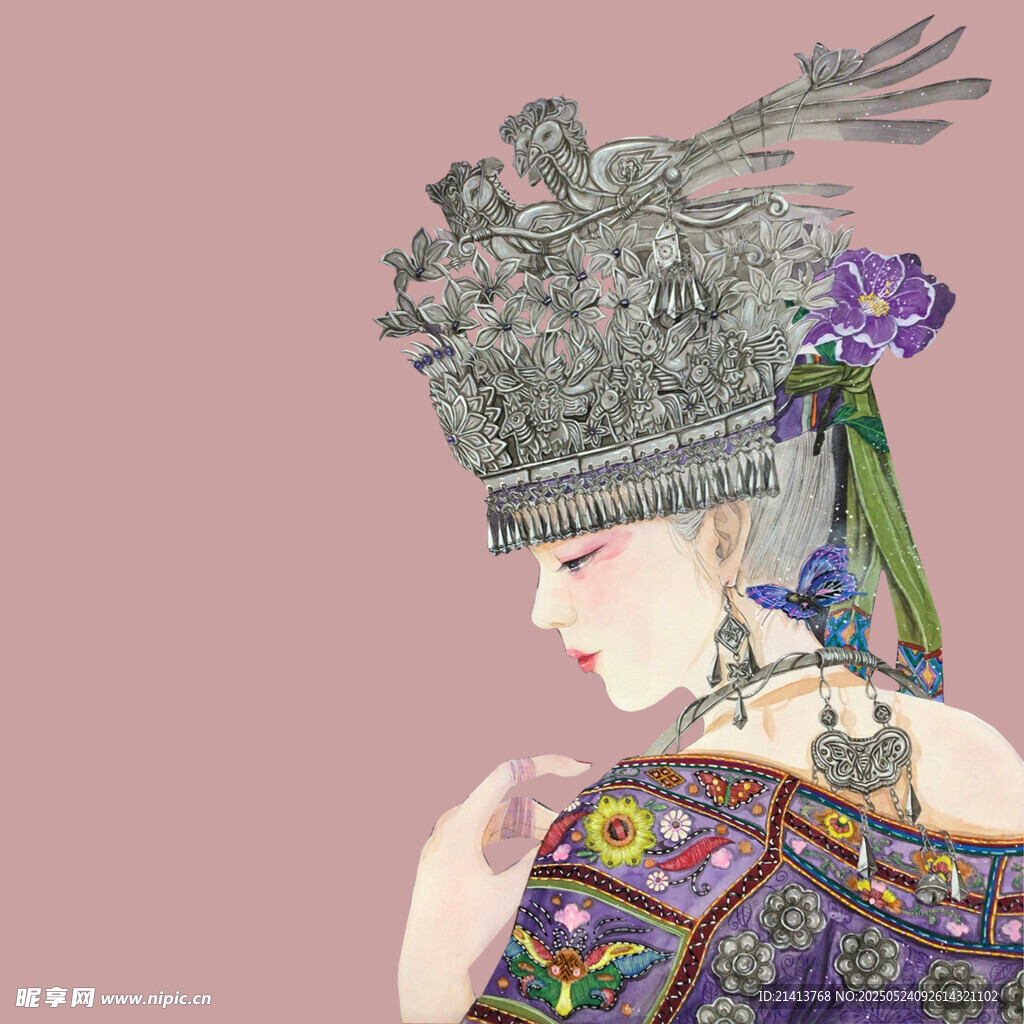 苗族女子华丽头饰服饰图