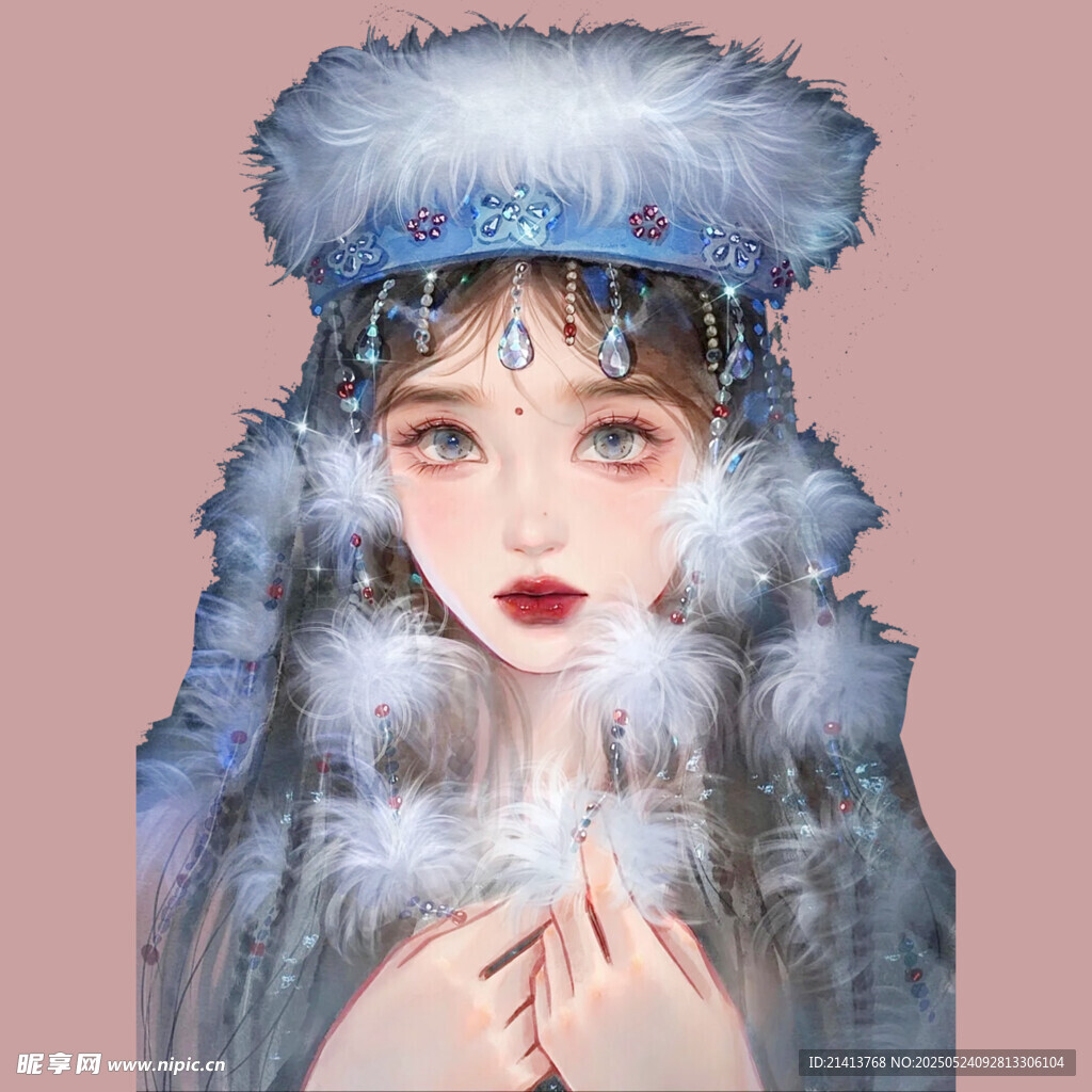冰雪少女头戴华丽毛绒头饰
