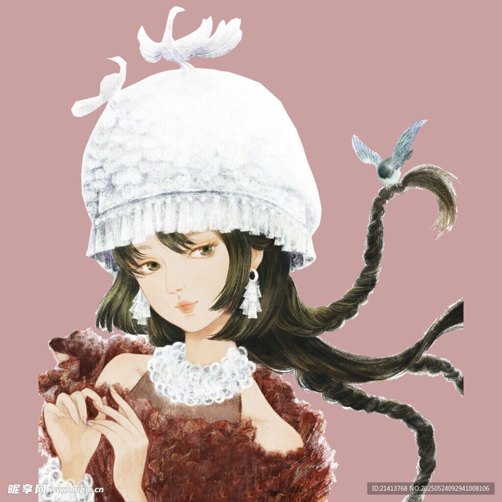 戴白帽持花的古风少女