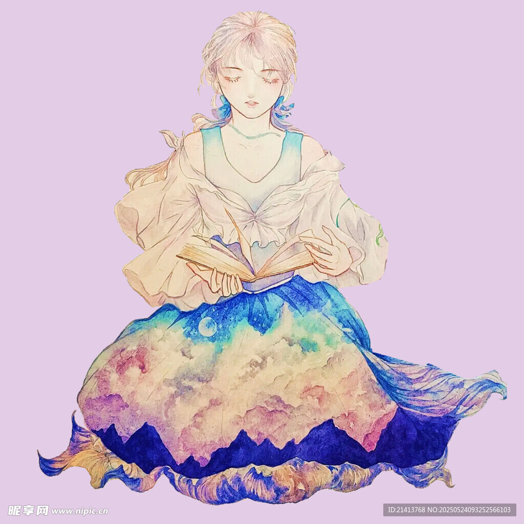 梦幻水彩风优雅坐姿少女