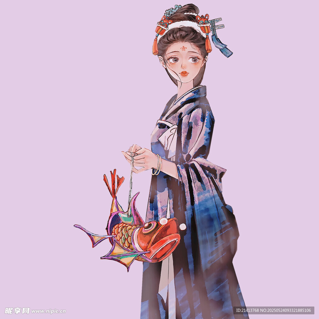 古风女子持精致鱼形灯笼