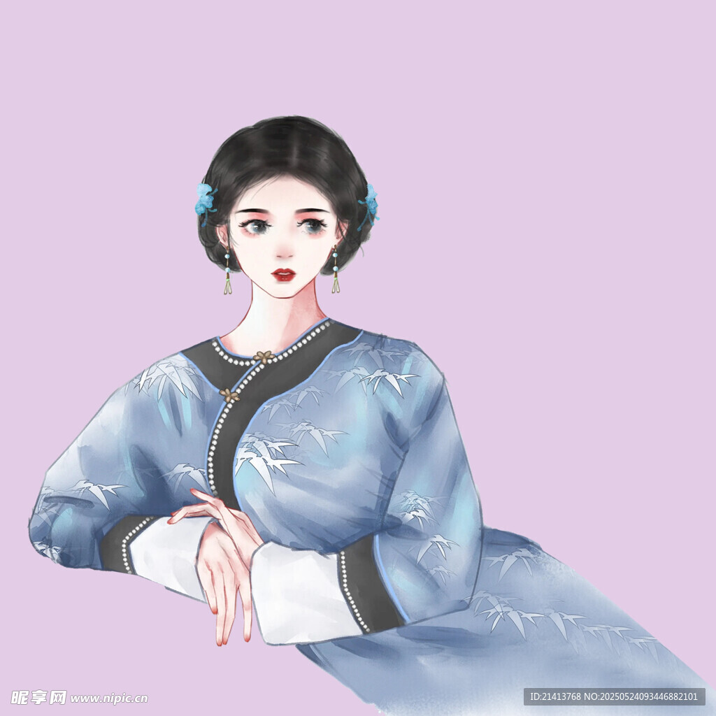 古风蓝衣女子优雅姿态