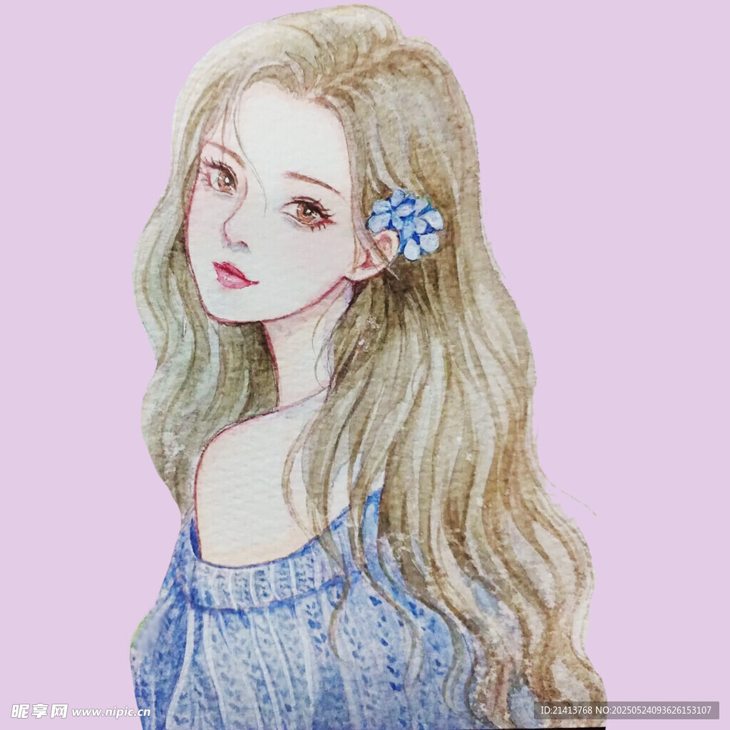 金发蓝裙少女插画