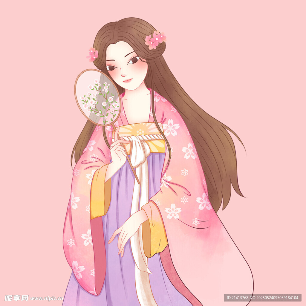 古风汉服少女持扇赏景