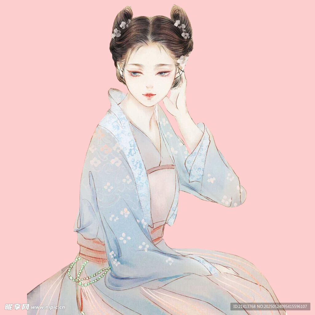 古风佳人坐赏粉色背景