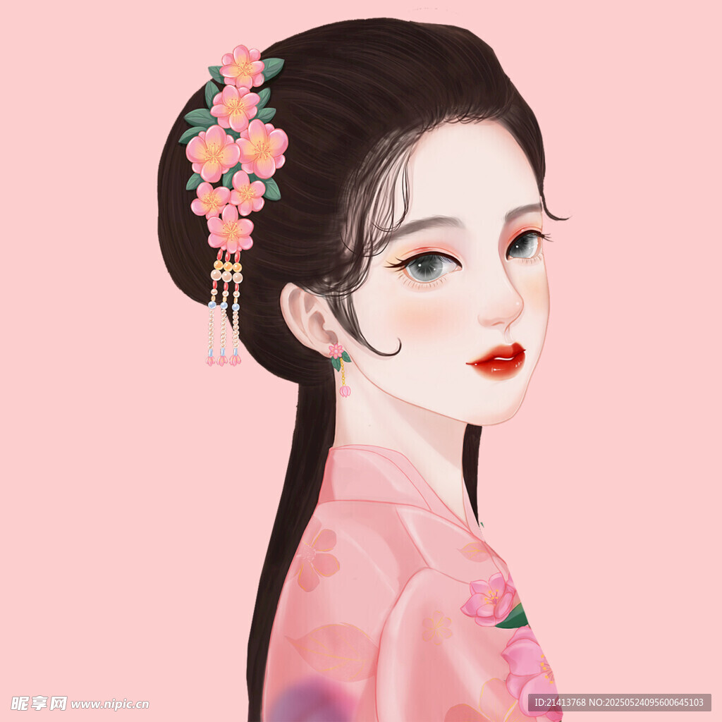 古风粉衣簪花的温婉女子