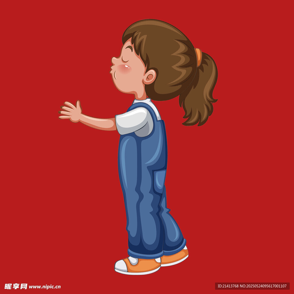 扎马尾穿背带裤的女孩