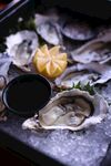 冰鲜生蚝配柠檬与蘸料