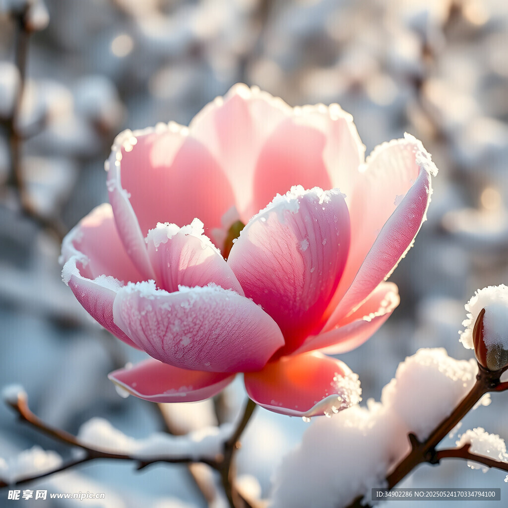 雪覆粉玉兰绽放之美