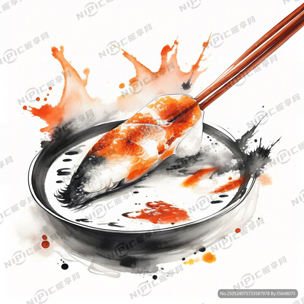 筷子夹起一片三文鱼捞汁