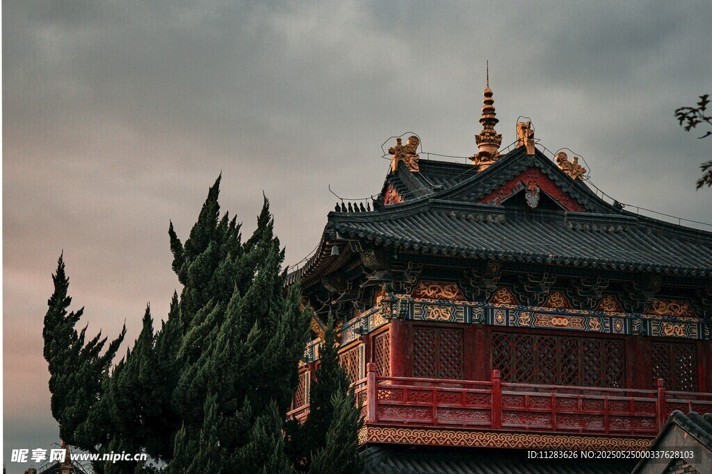 中式古建筑屋顶与绿树