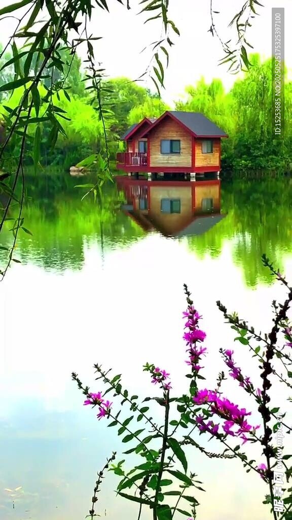湖畔小屋伴繁花美景