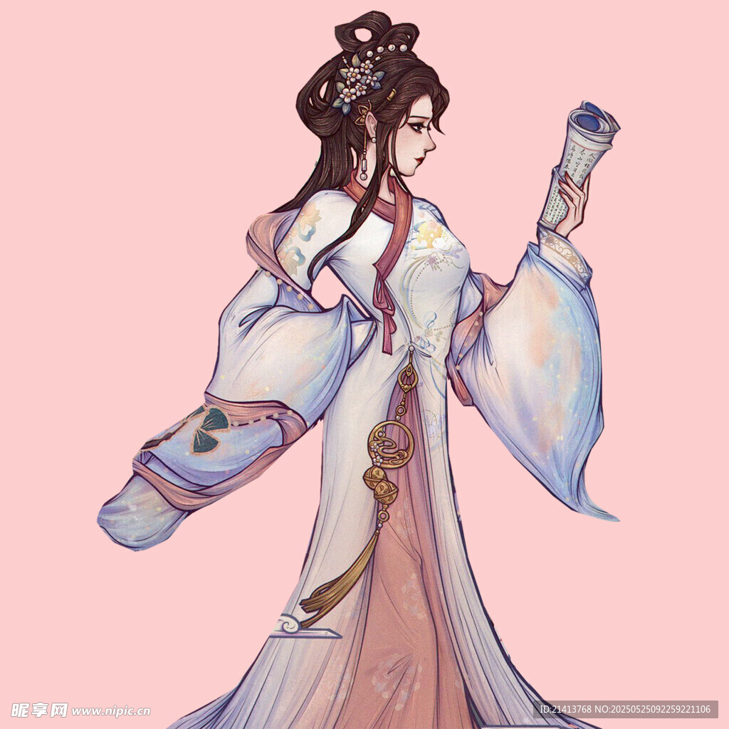 古风女子持书卷优雅而立