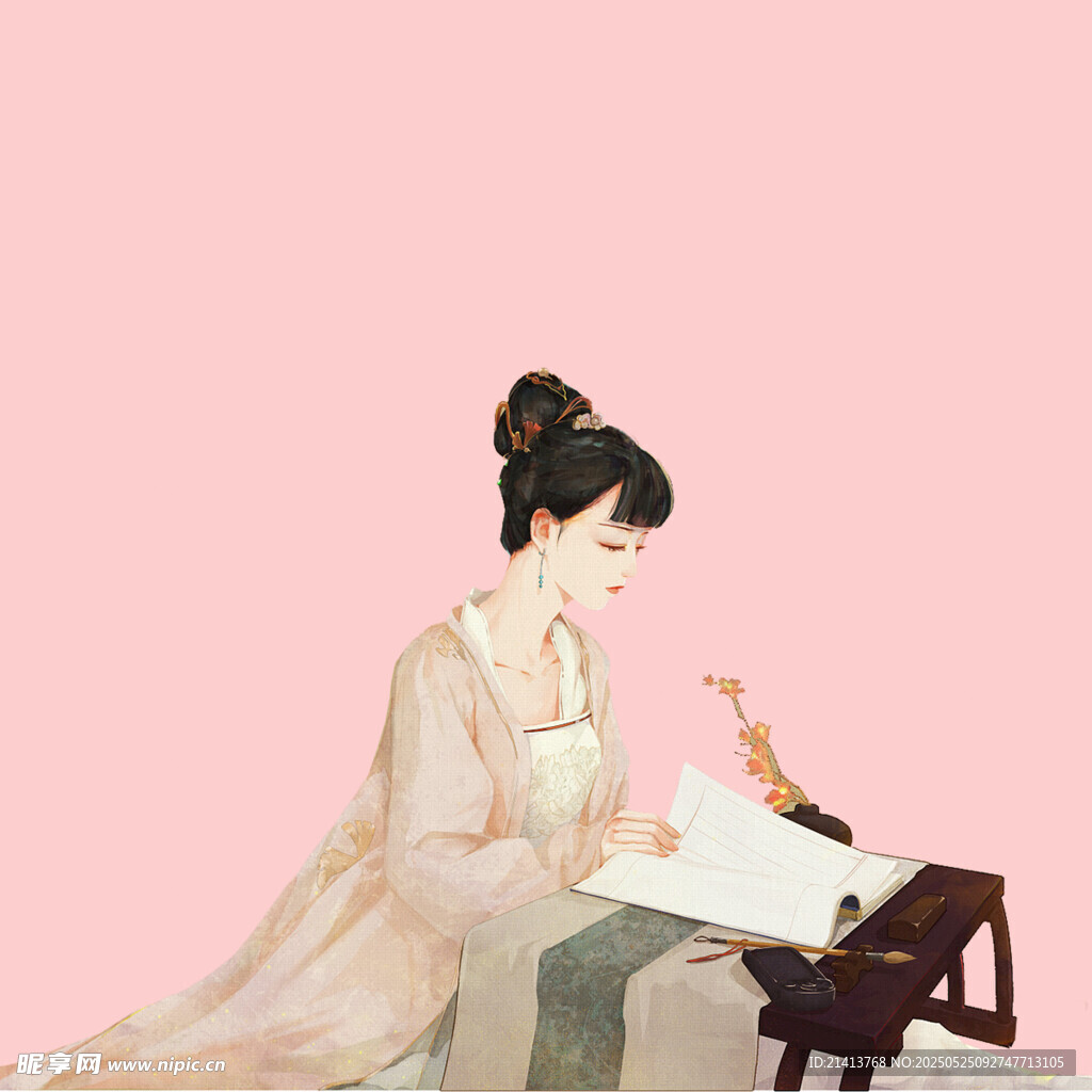 古风女子伏案挥毫书写
