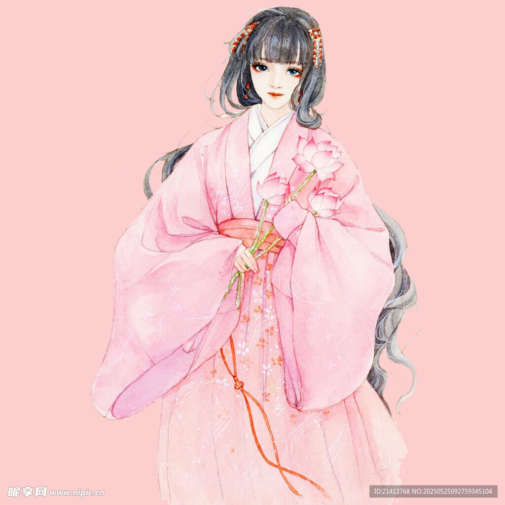 古风粉衣持花汉服少女