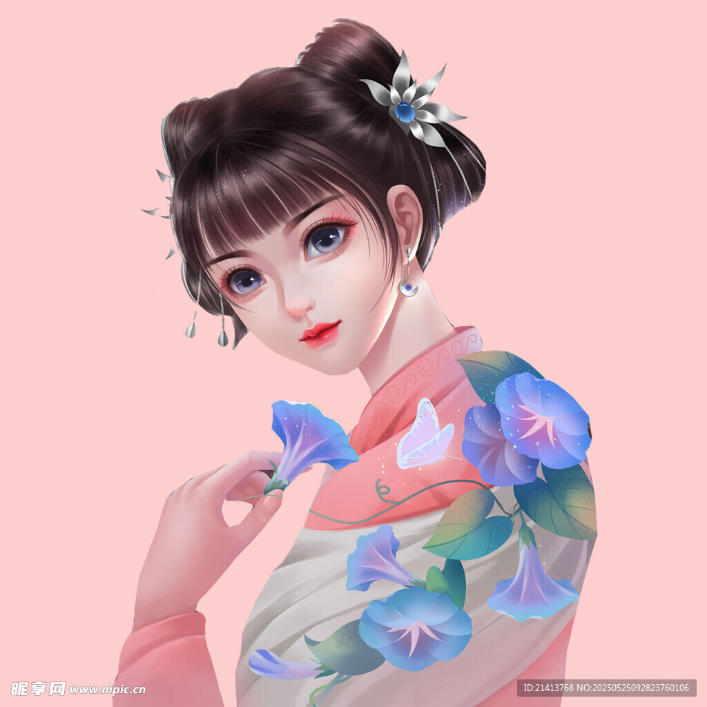 古风少女手持蝴蝶赏景