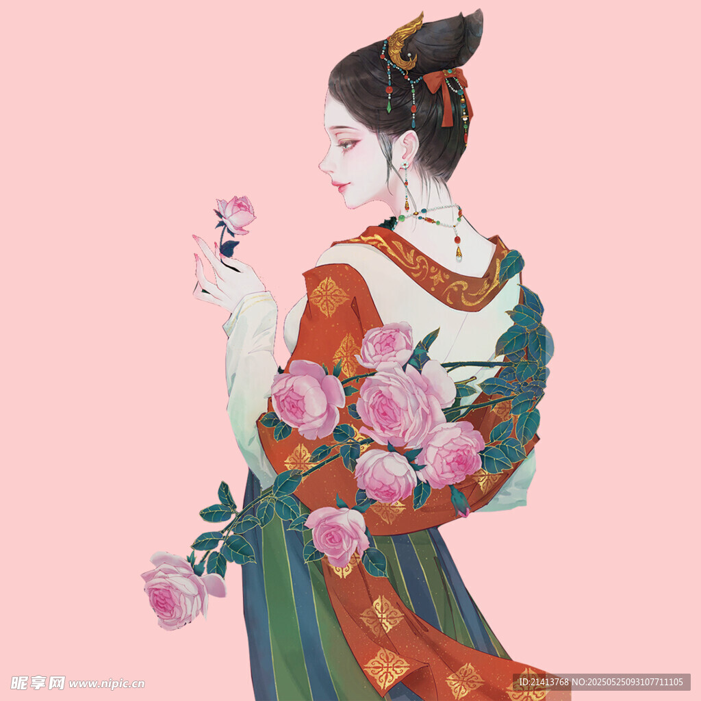 古风持花女子优雅背影