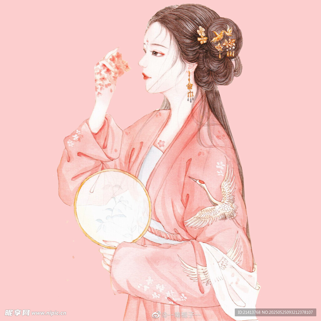 古风佳人持扇闻花赏景