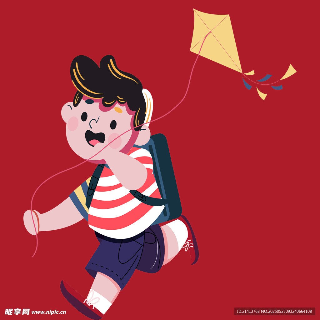 背着书包放风筝的小男孩