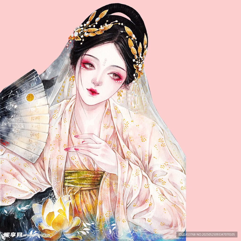 古风美人持灯优雅绘像