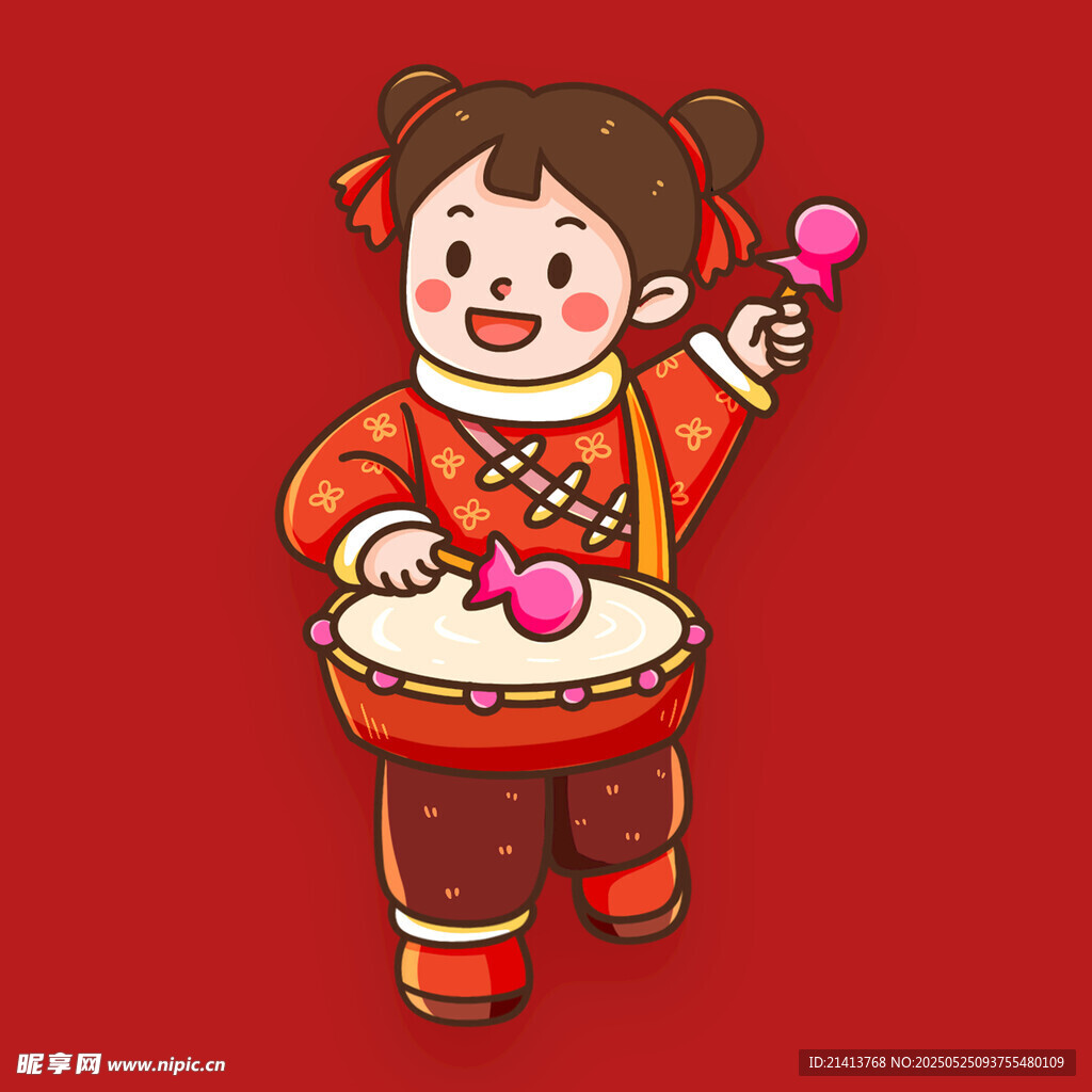 敲鼓的可爱中国风小女孩