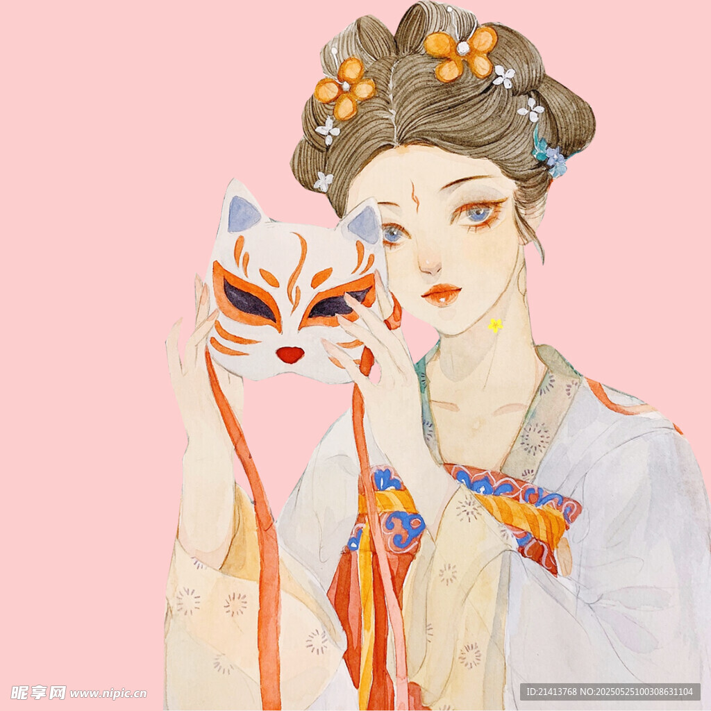 古风女子持面具优雅动人