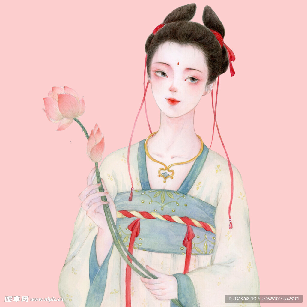 古风汉服女子手持荷花