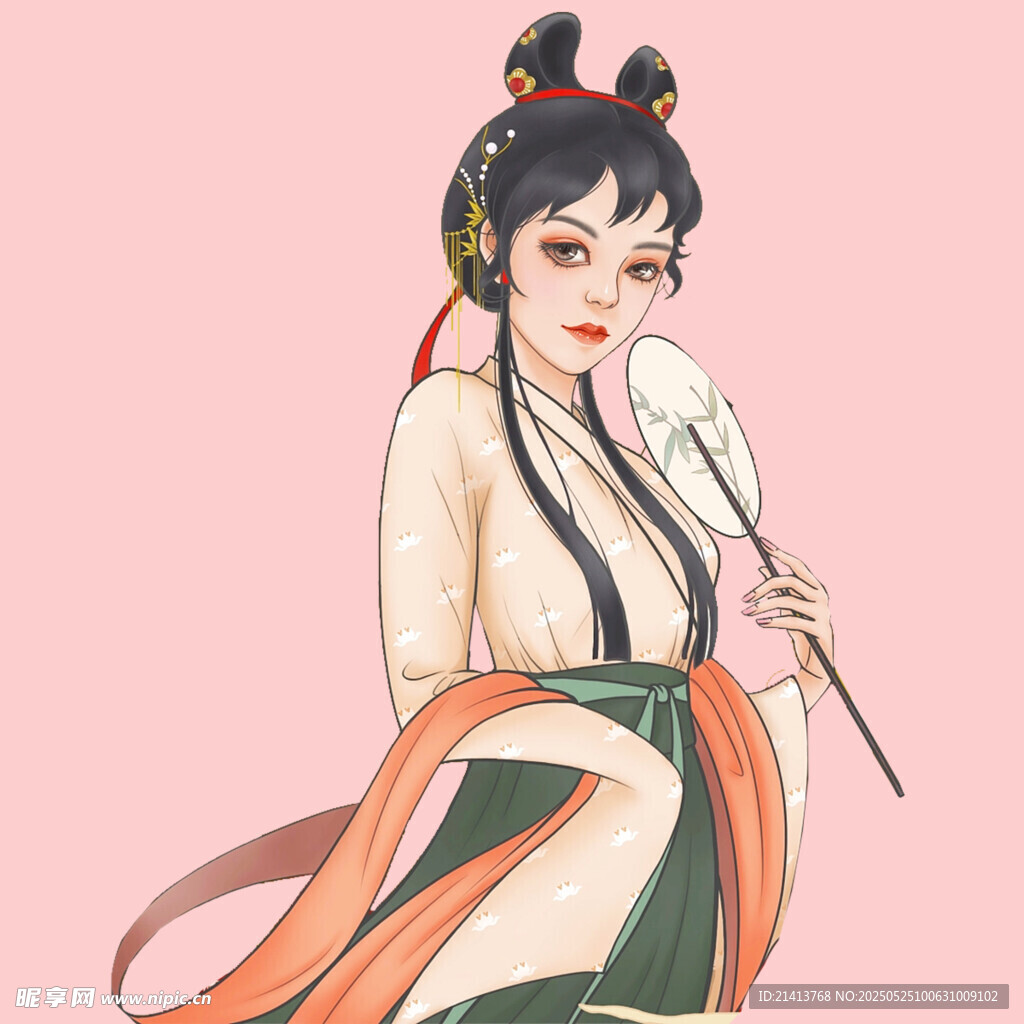 古风汉服女子持扇优雅图