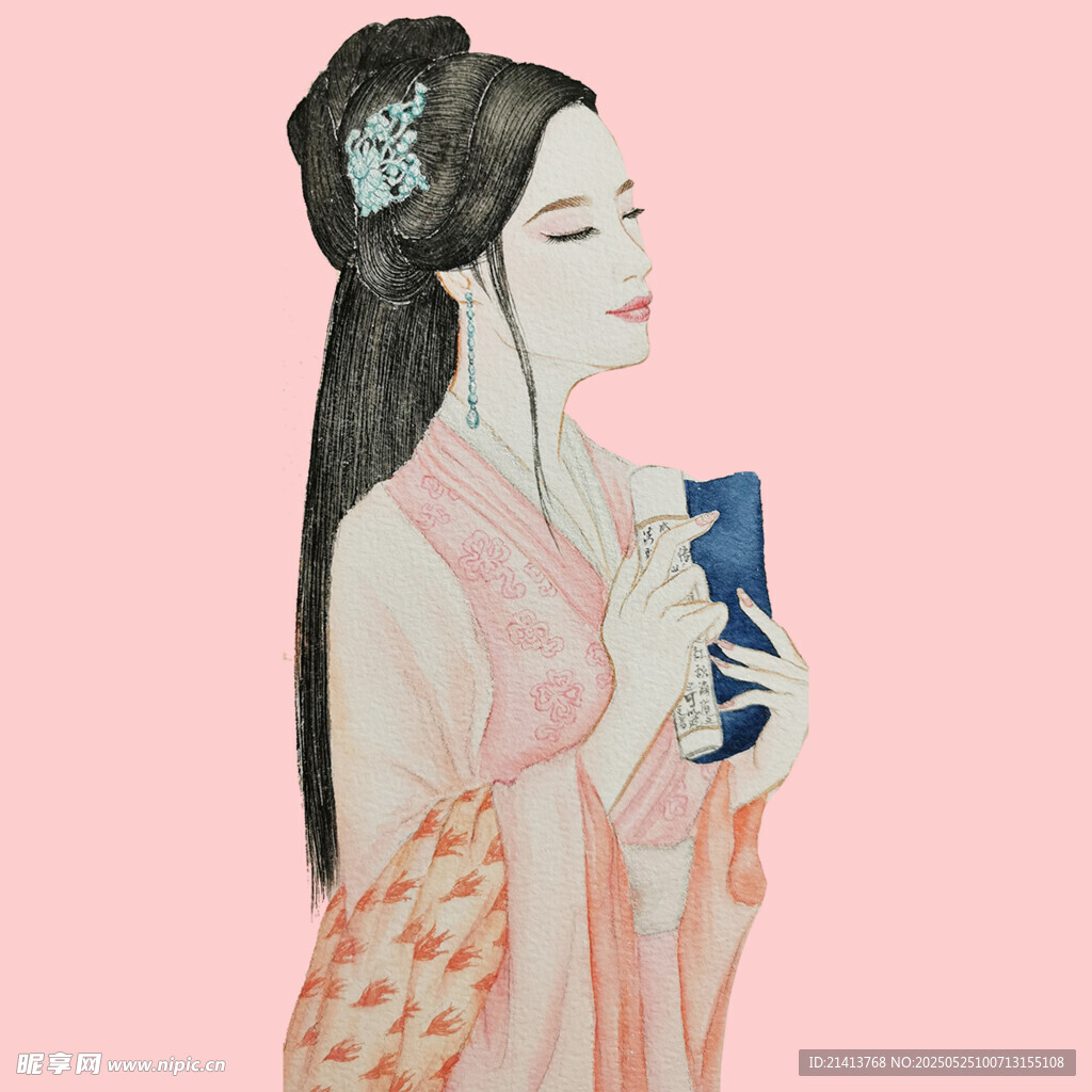 古风佳人手持书卷赏景