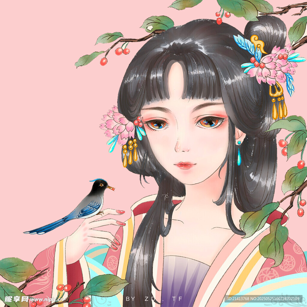 古风佳人伴鸟图