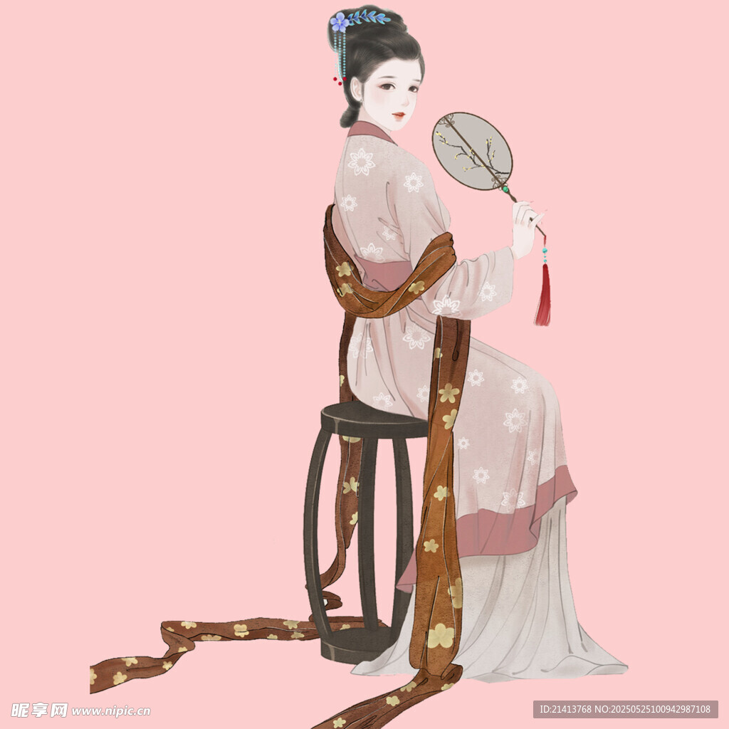 古典美人持扇优雅坐像