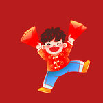 小孩喜庆拿红包欢乐跳跃