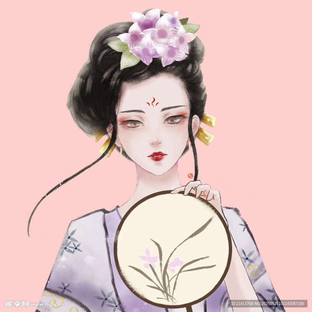 古风持扇簪花优雅女子