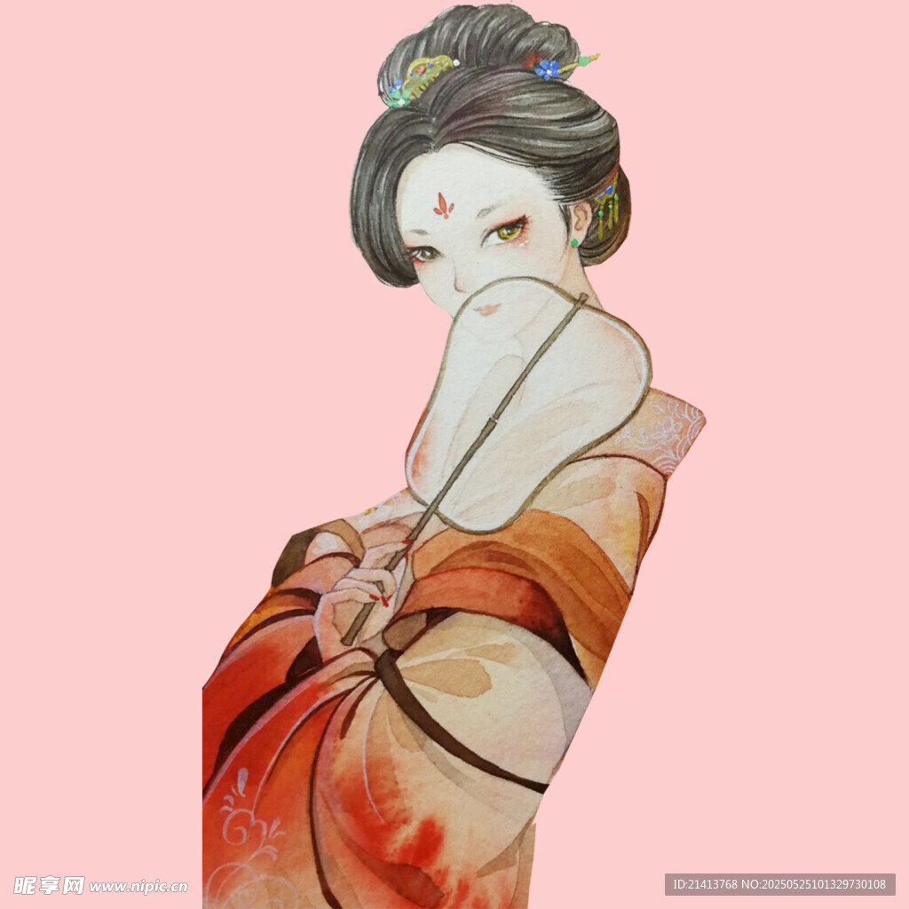 古风美人持扇优雅侧影
