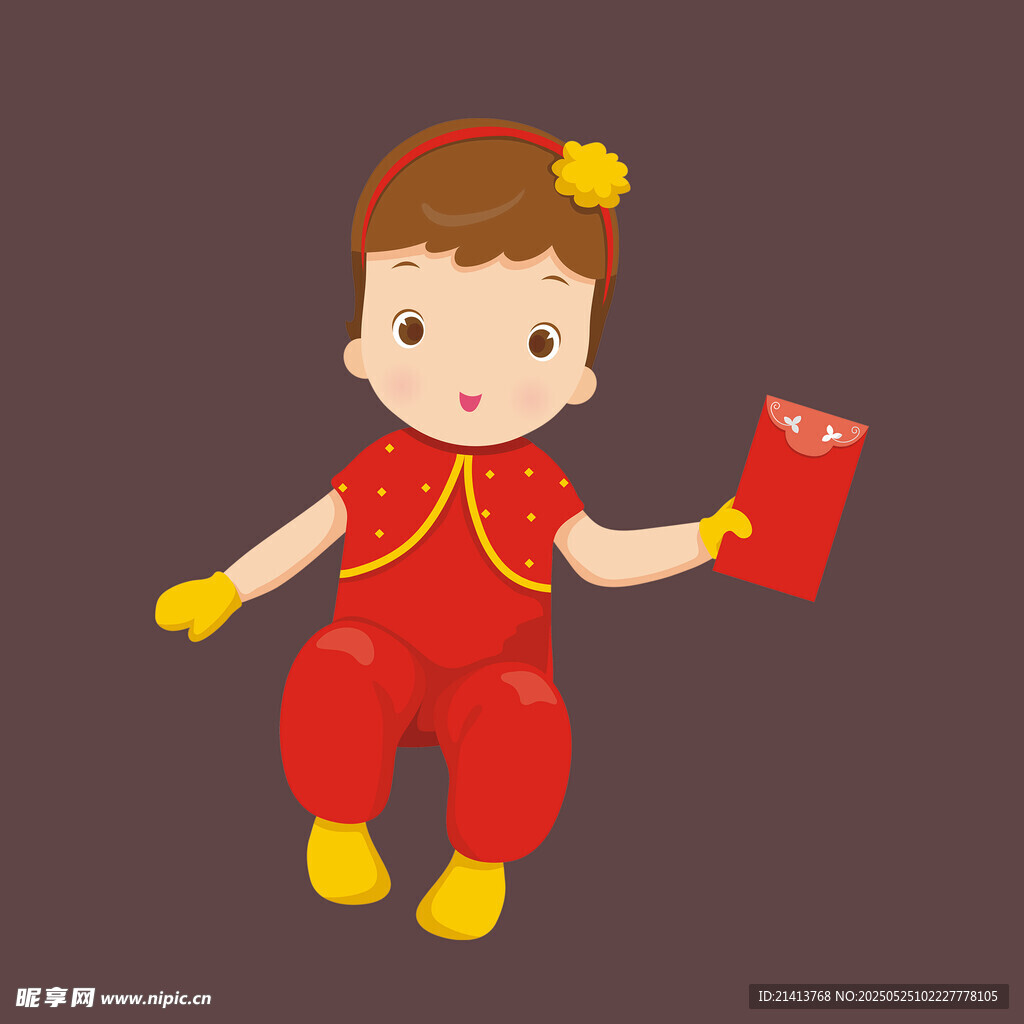 红衣萌娃手持红包贺新春