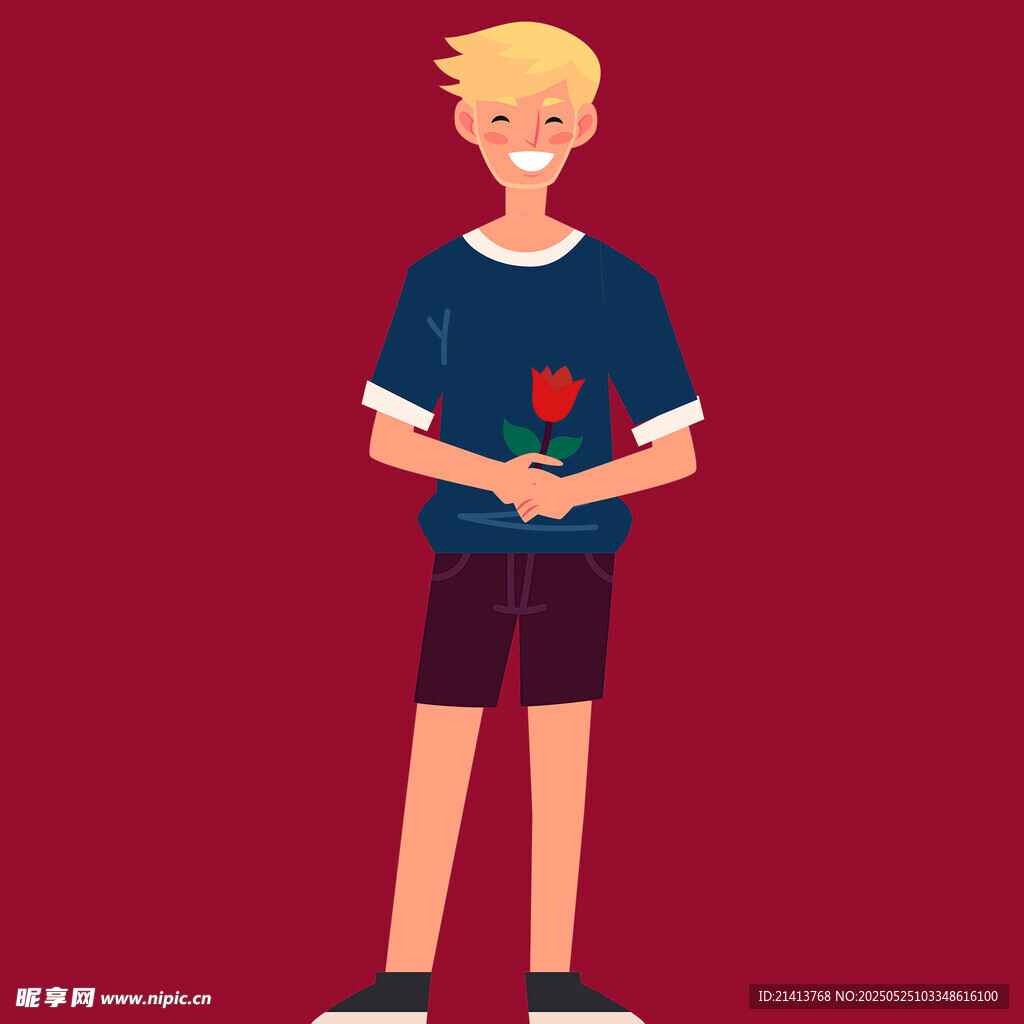 手持玫瑰的微笑少年