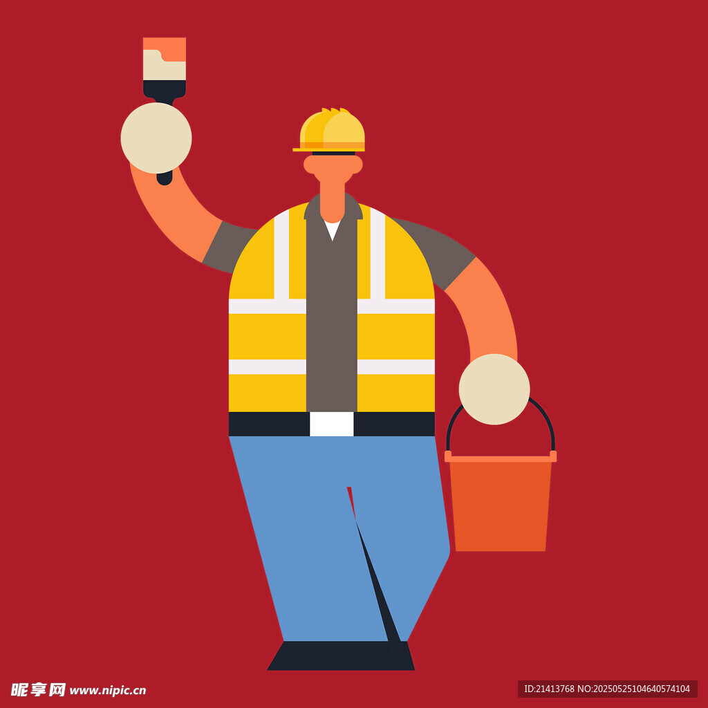建筑工人手持工具与水桶